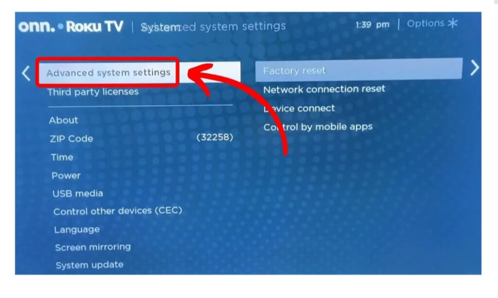 Advanced System Settings to Reset Roku Wifi Connection